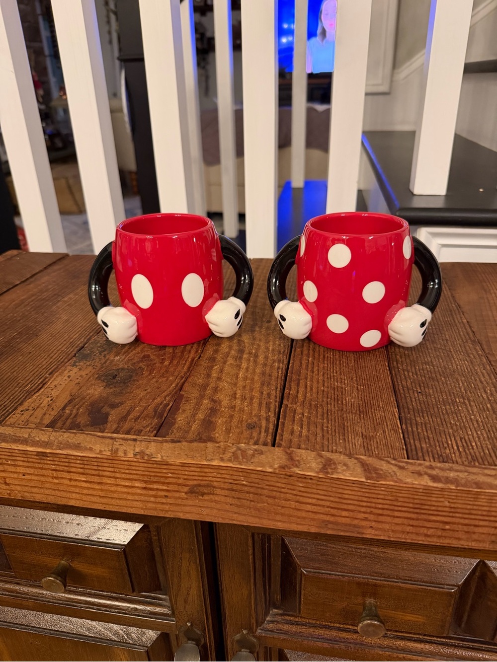 Pair of Mickey and Minnie Red Polka Dot Ceramic Mugs with Gloved Handles